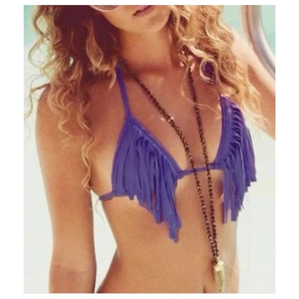 Stone Fox Swim | Harlow Fringe Triangle Bikini Top Purple | S